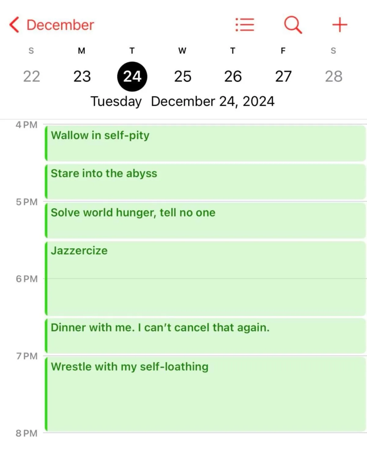 A digital calendar screenshot for Tuesday, December 24, 2024, shows a schedule of self-deprecating and absurdly dramatic…