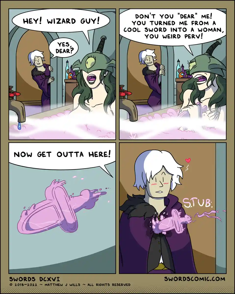 A four-panel comic strip shows a woman with green hair and a sword-shaped helmet in a bubble bath, angrily confronting a…