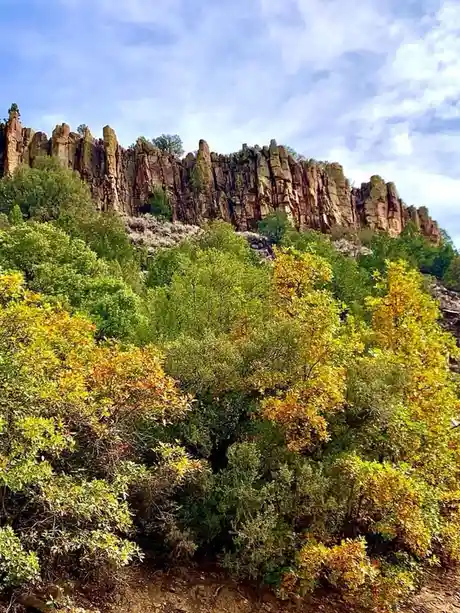 A scenic photo of a rocky cliff face under a partly cloudy sky, with green and yellow-tinged bushes and trees in the…