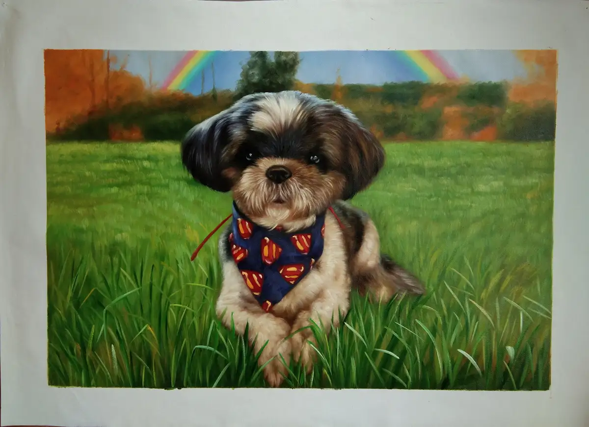 A painted portrait of a small, fluffy dog with black and white fur sitting in tall green grass. The dog wears a blue bandana…
