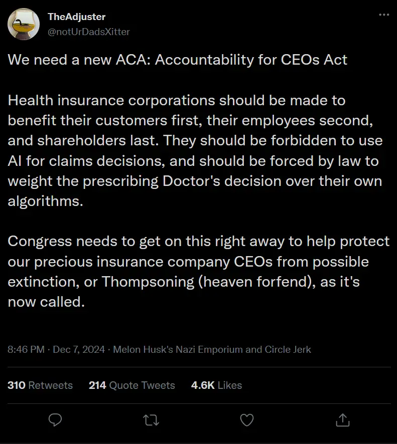 A screenshot of a tweet from 'TheAdjuster' proposing a new 'Accountability for CEOs Act' that would prioritize customers…