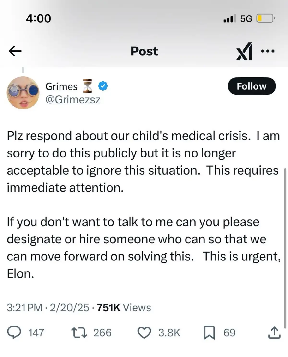 A screenshot of a tweet from verified user Grimes (@GrimezsZ) posted on X (formerly Twitter) at 3:21 PM on February 20…