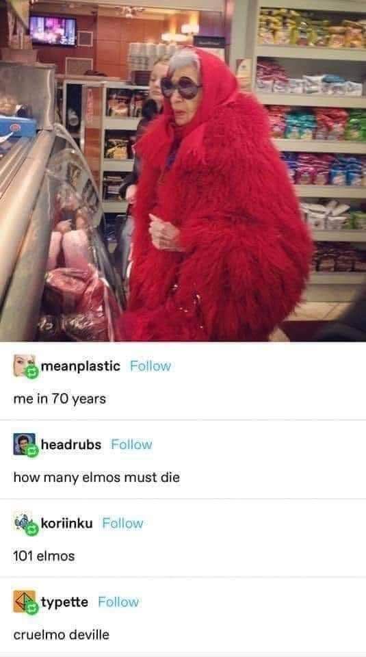 An elderly woman with white hair and sunglasses wears a voluminous, bright red faux fur coat while standing in a grocery…