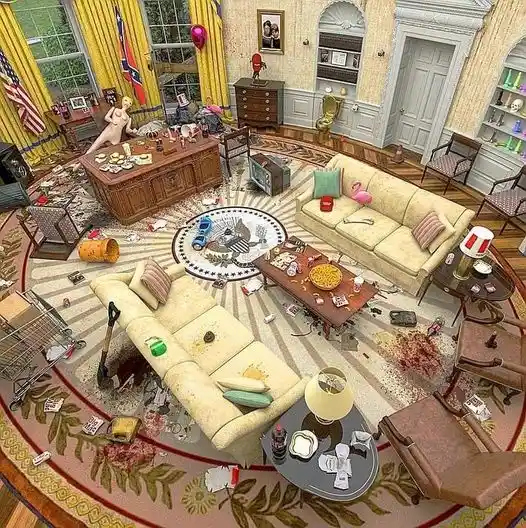 An overhead view of the Oval Office and adjacent living area in a state of extreme disarray, with furniture overturned, food…