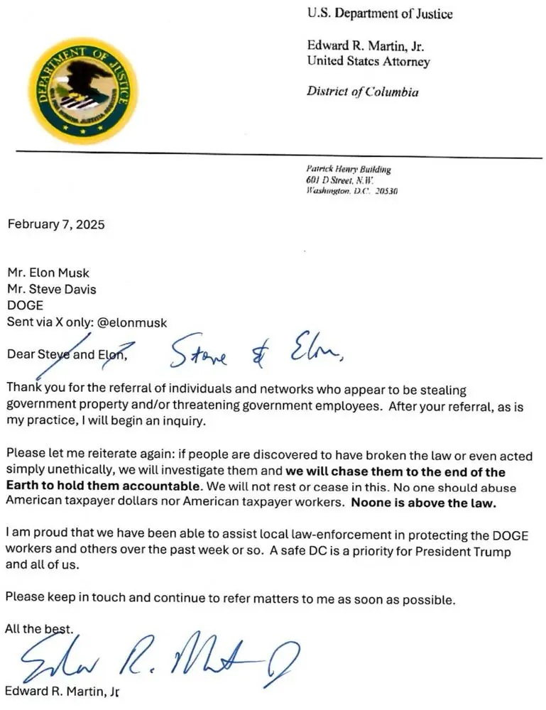 A fake letter from the U.S. Department of Justice, signed by Edward R. Martin, Jr., addressed to Mr. Elon Musk and Mr. Steve…