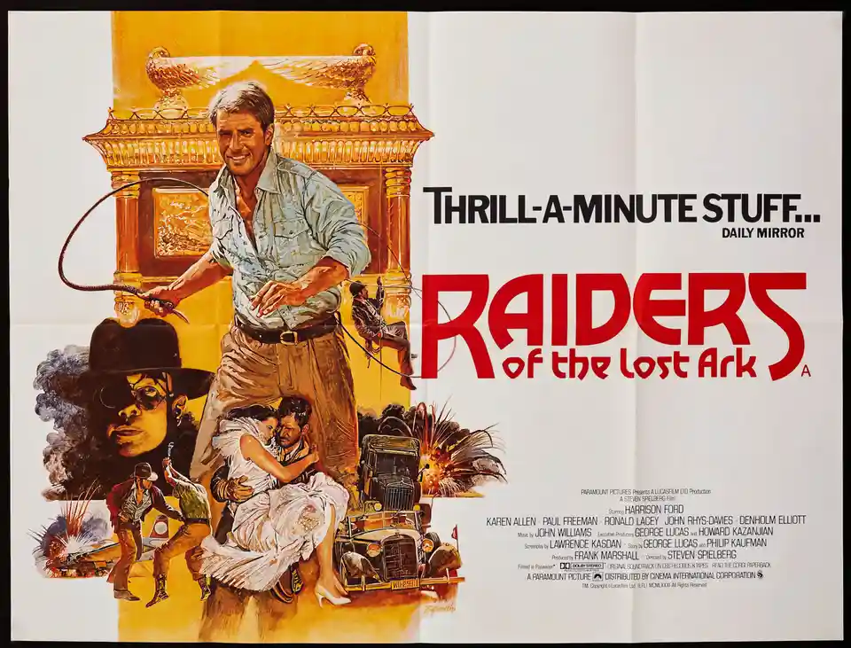 This is a vintage movie poster for 'Raiders of the Lost Ark,' featuring Harrison Ford as Indiana Jones holding a whip, with…