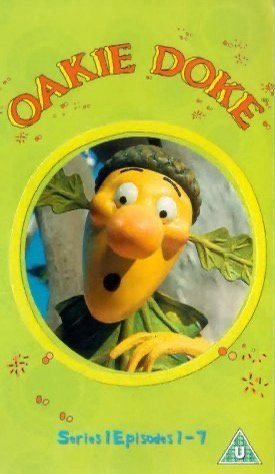 A bright green DVD cover for the children's show 'Oakie Doke' features a close-up of the yellow, leafy puppet character with…