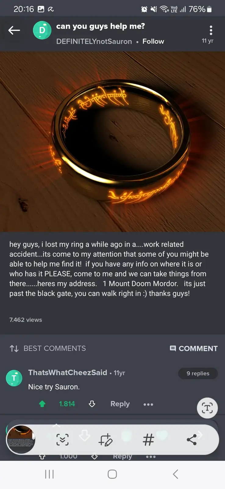 A screenshot of a social media post showing a glowing ring with Elvish script, overlaid with text where the poster asks for…