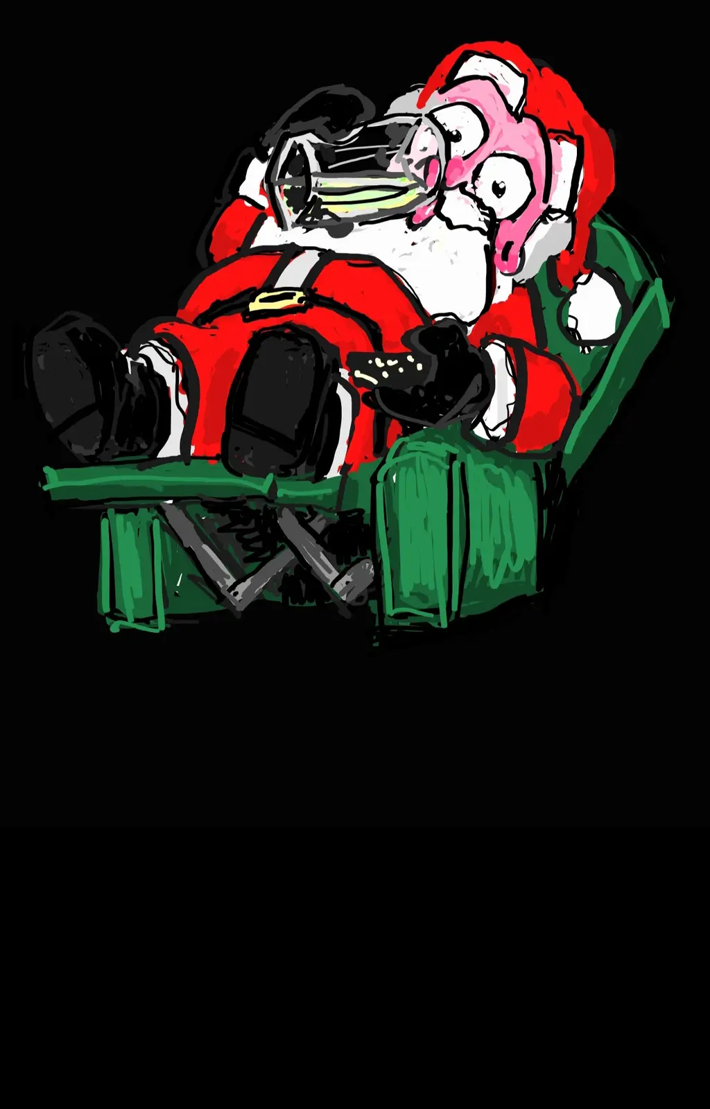 A cartoon drawing shows a Santa Claus figure in his traditional red suit and hat, slumped over in a green recliner chair…