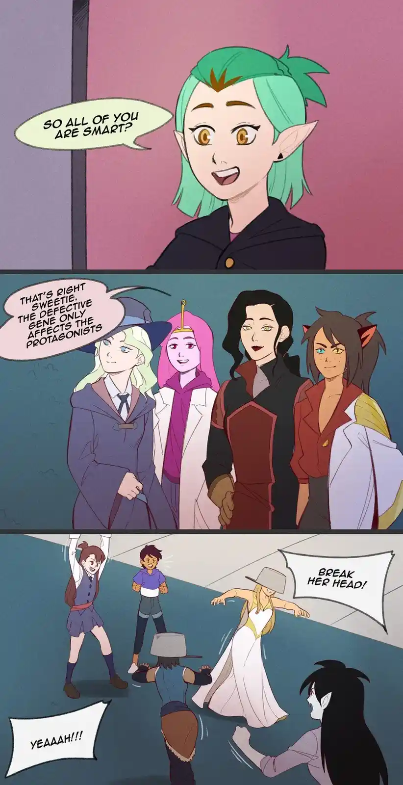 A three-panel comic strip featuring animated characters. The top panel shows a green-haired elf asking if everyone is smart…