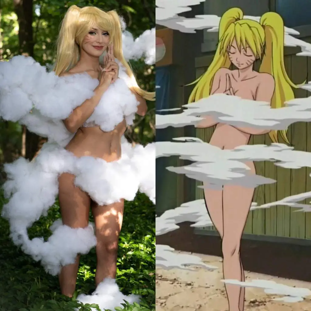 A side-by-side image shows a cosplayer in a fluffy white cloud costume posing outdoors, next to an anime character (Tenten…