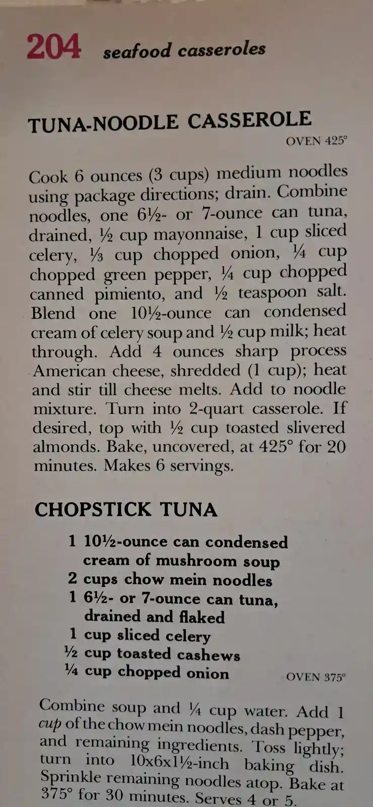 A scanned page from a vintage cookbook showing two recipes: 'Tuna-Noodle Casserole' and 'Chopstick Tuna'. The first recipe…