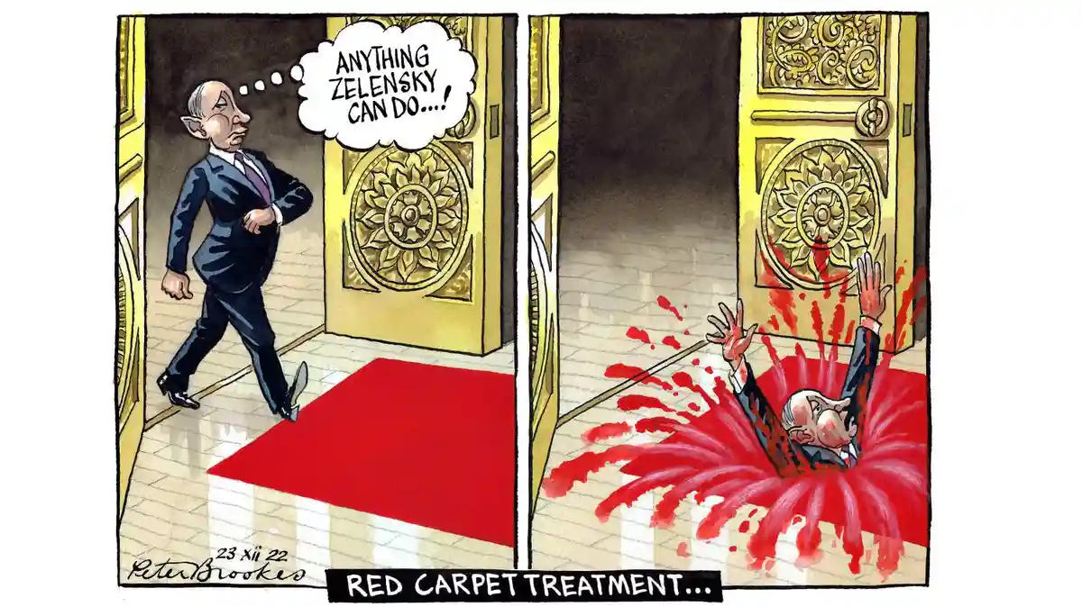 A two-panel political cartoon shows a man in a suit walking confidently toward a golden door with a thought bubble reading…
