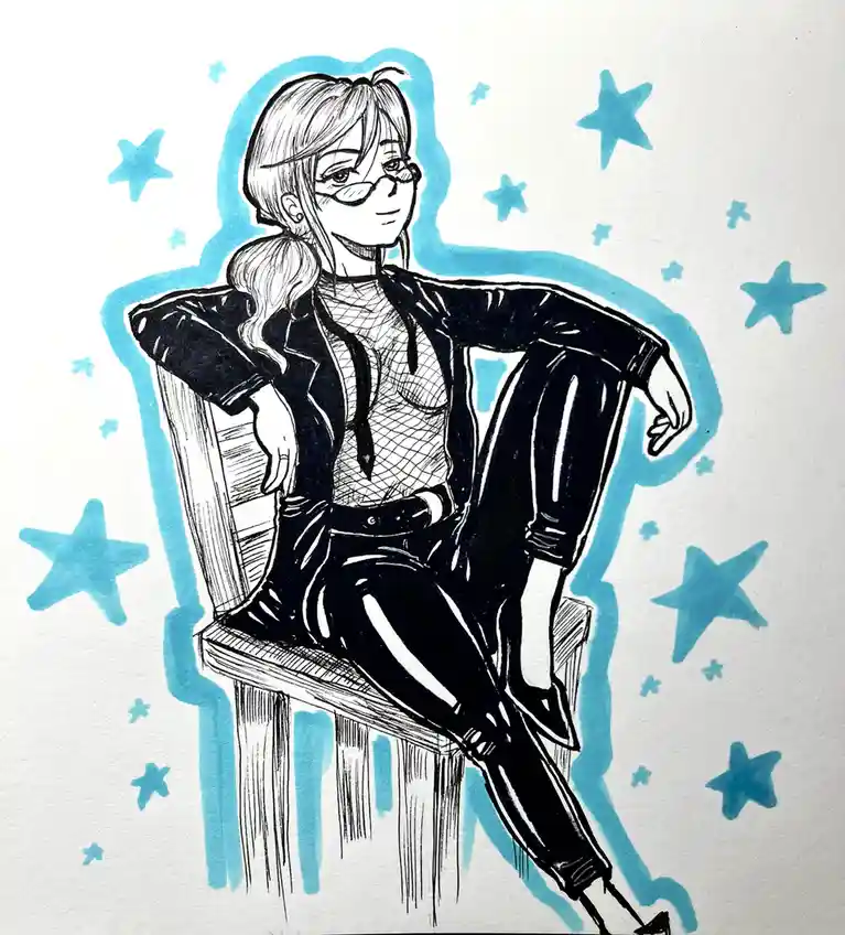 A black-and-white line drawing of a woman with glasses and blonde hair in a ponytail, sitting confidently on a wooden chair…