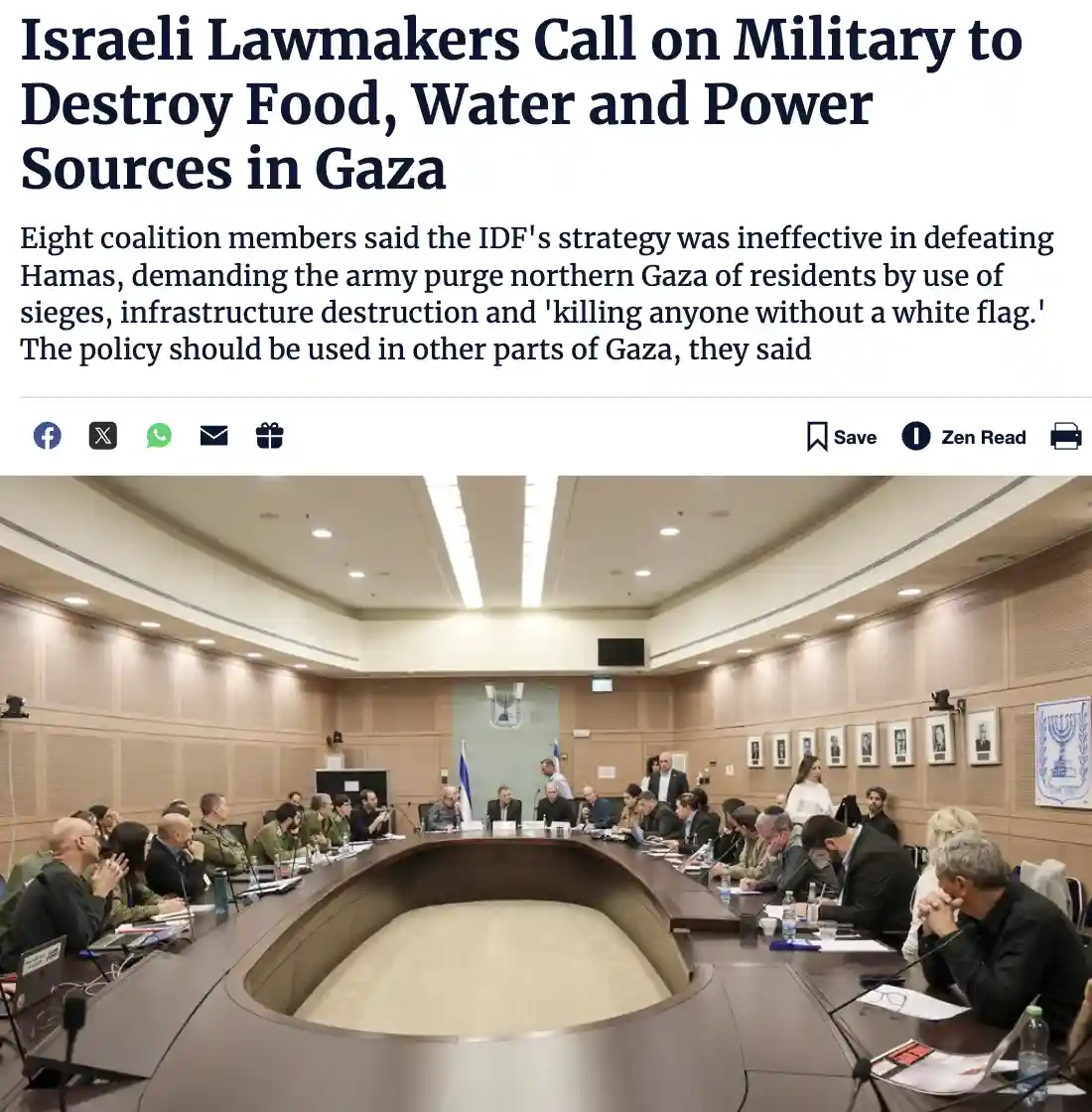 A screenshot of a news article with a headline about Israeli lawmakers calling on the military to destroy food, water, and…