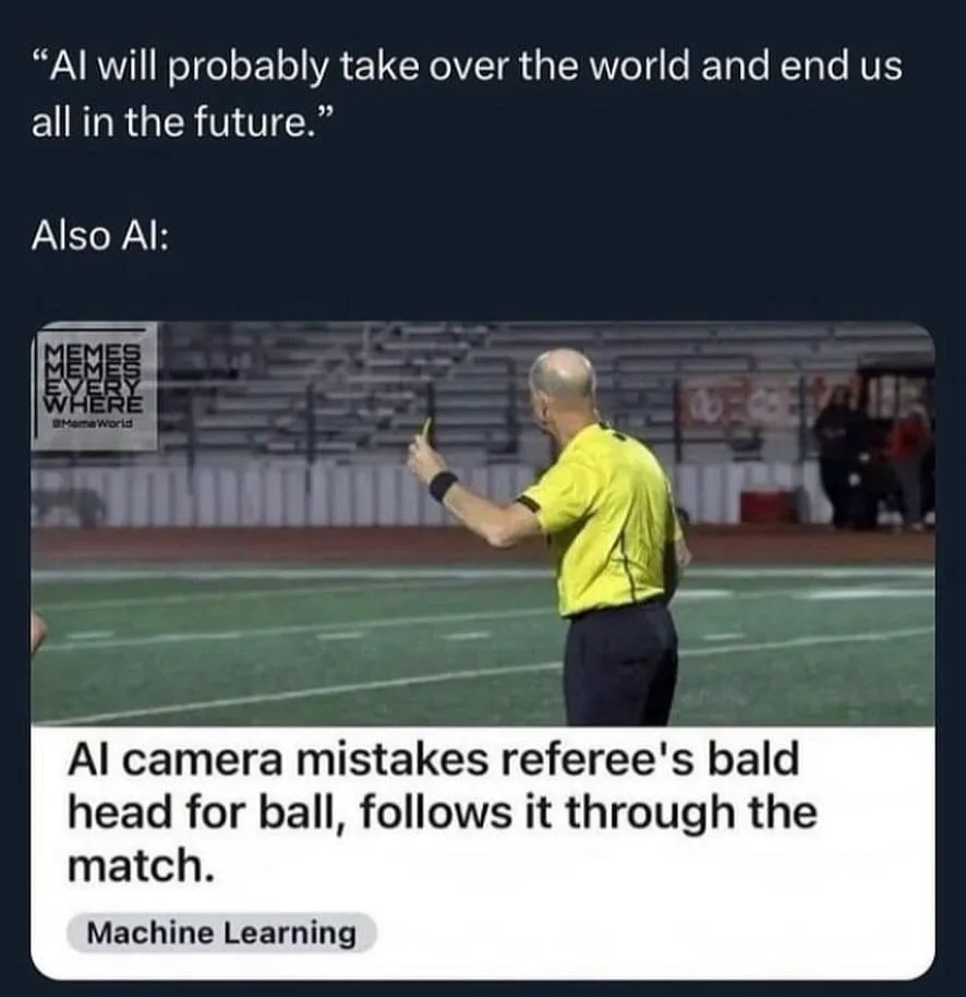A screenshot of a social media post shows a bald referee in a yellow shirt on a football field, holding up a yellow card…