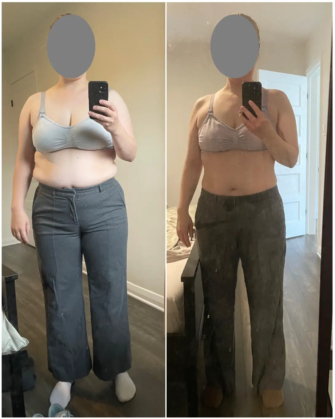 Two side-by-side mirror selfies of a person in a bra and pants, showing a noticeable reduction in belly fat and overall body…