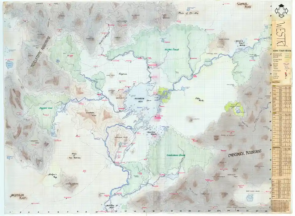 A hand-drawn fantasy map titled 'WESTRI' with topographical features like mountains, forests, and seas, overlaid with a long…
