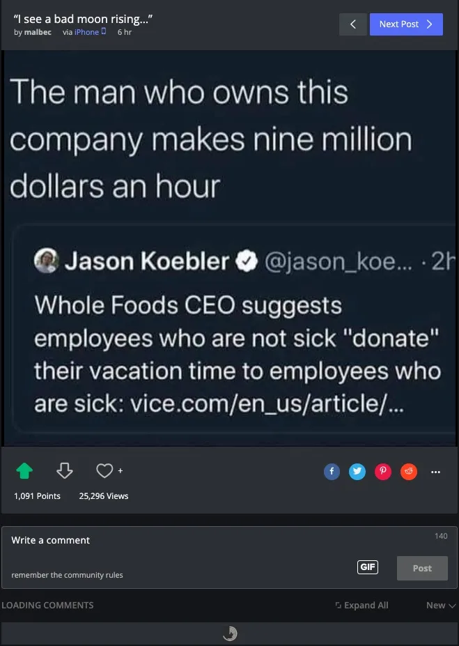 A screenshot of a Reddit post showing a tweet from Jason Koebler about Whole Foods CEO suggesting employees donate vacation…
