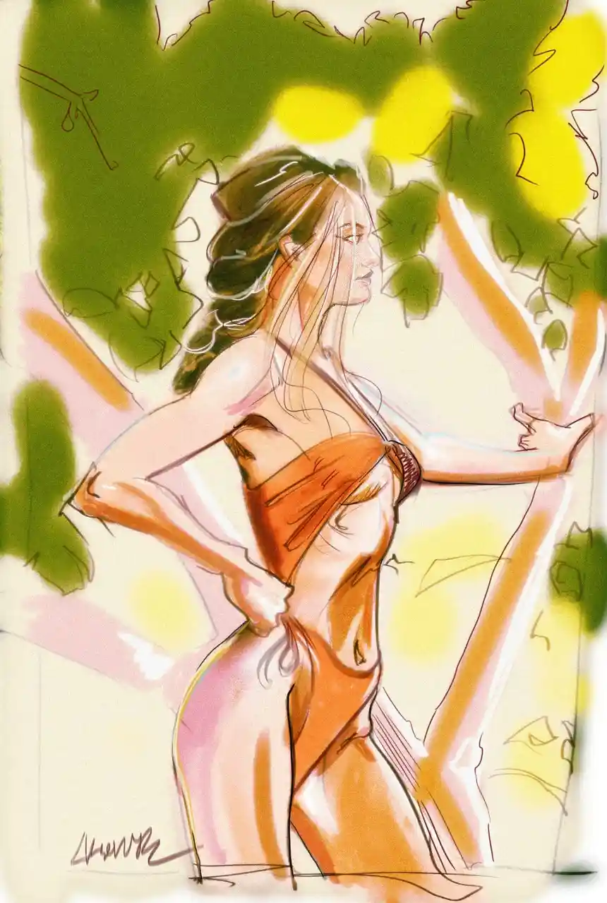 A stylized sketch of a woman in an orange one-piece swimsuit standing outdoors under trees, one hand on her hip and the…