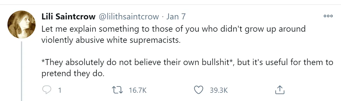 A screenshot of a tweet by Lili Saintcrow from January 7, showing her profile picture and text. The tweet reads: 'Let me…