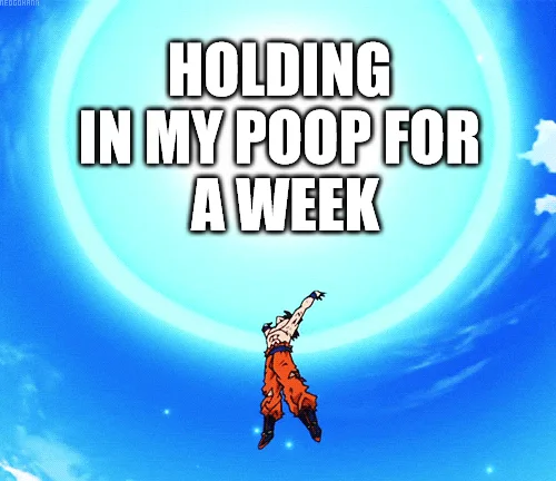 An anime character in orange pants is floating upward against a bright blue sky with a large glowing ring behind him. The…