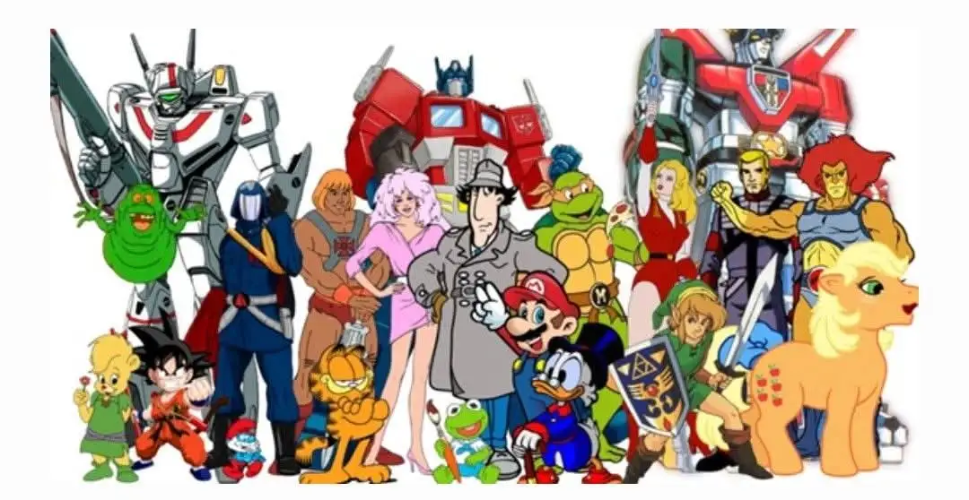 A collage of numerous cartoon and animated characters from different franchises, including Optimus Prime, He-Man, Garfield…