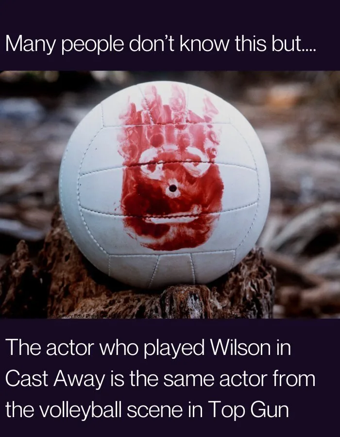 A white volleyball with a red, smeared face painted on it sits on a tree stump. The top text reads 'Many people don't know…