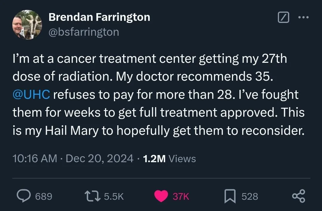 A screenshot of a tweet by Brendan Farrington (@bsfarrington) detailing his struggle with health insurance. He is receiving…