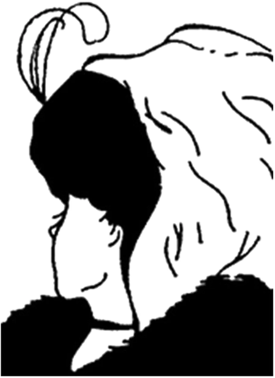 A black-and-white line drawing shows a person with a large, dark, rounded head and a long, thin face, leaning forward with…