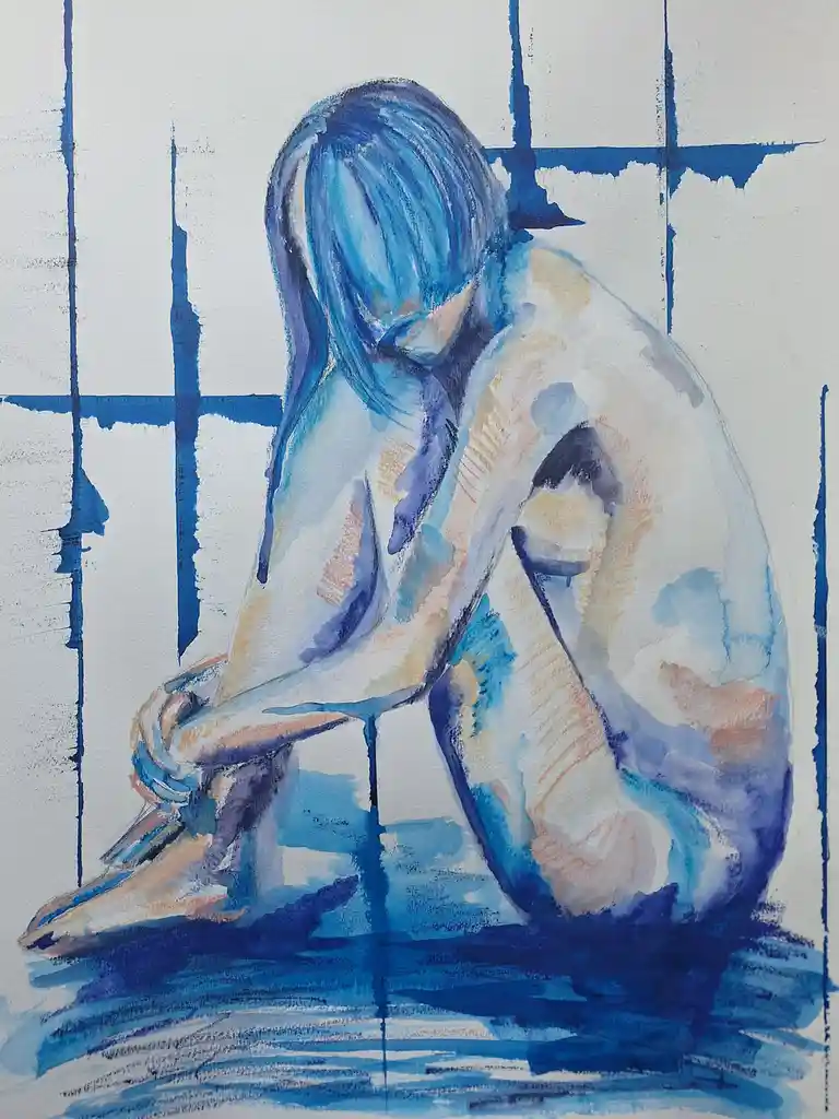 A watercolor painting depicts a person with blue hair sitting hunched over, appearing to cry, against a background with blue…
