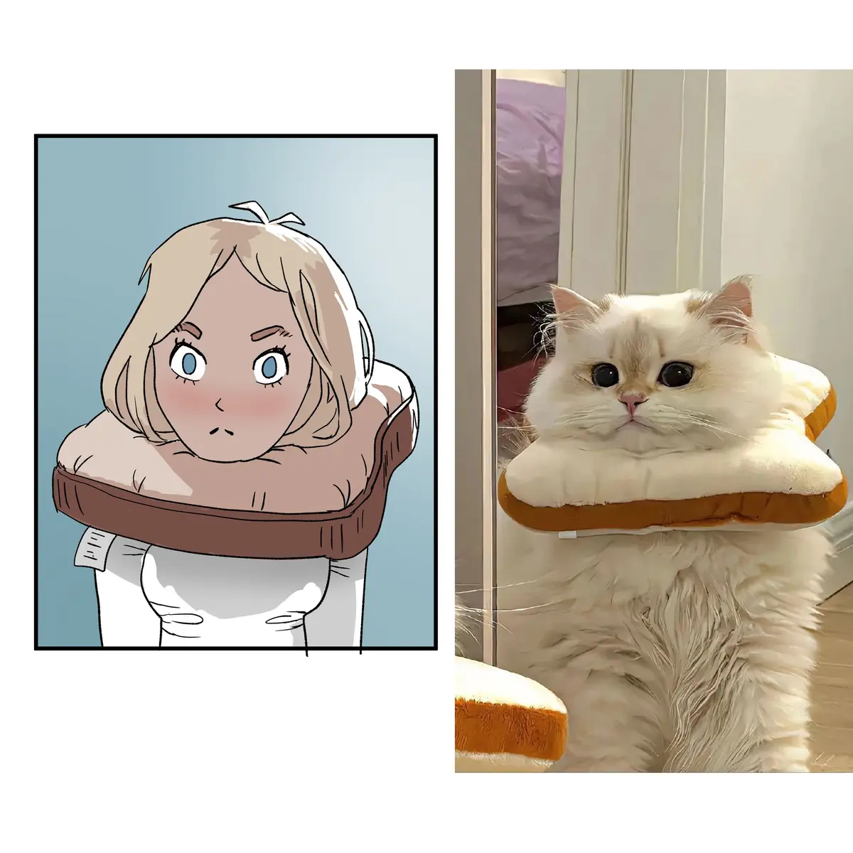 The image displays two side-by-side panels: on the left, an anime-style illustration of a girl with blonde hair and blue…