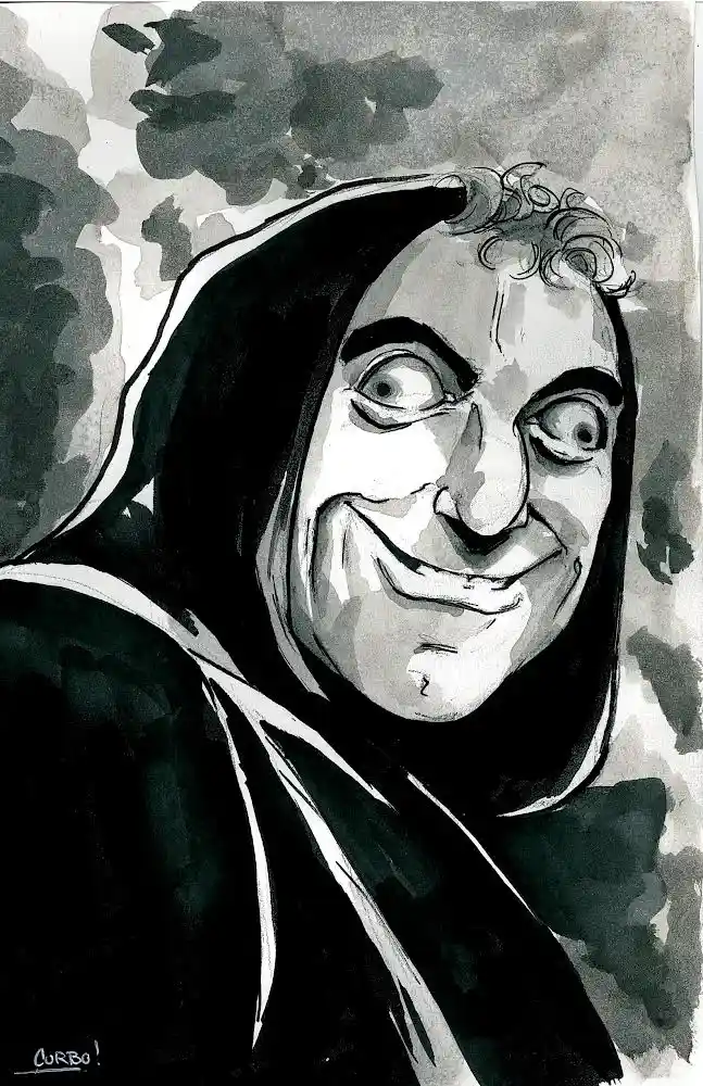 A black-and-white watercolor illustration shows a cartoonish man with exaggerated, wide eyes and a sinister grin, wearing a…