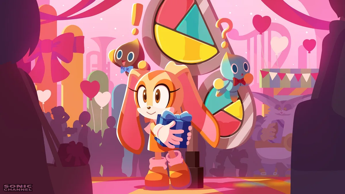 A cartoon rabbit character with long ears holds a blue gift box with a bow, standing in front of a large spinning prize…