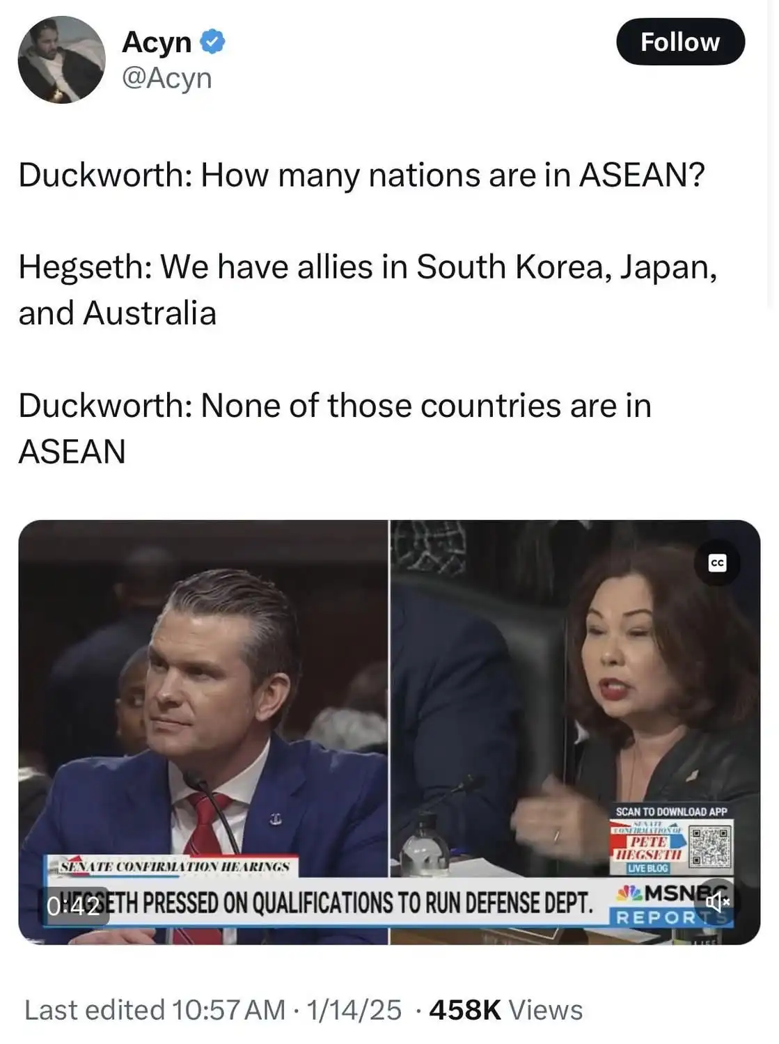 A screenshot of a Twitter post showing a split-screen video from Senate confirmation hearings. On the left, Pete Hegseth in…