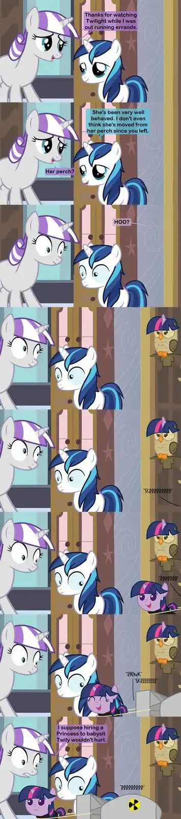 A comic strip featuring two ponies, one white with a purple and white mane and the other blue with a darker blue mane…