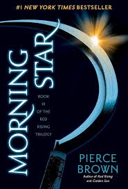 A book cover for 'Morning Star' by Pierce Brown, showing a glowing sword blade arcing across a dark background with a bright…