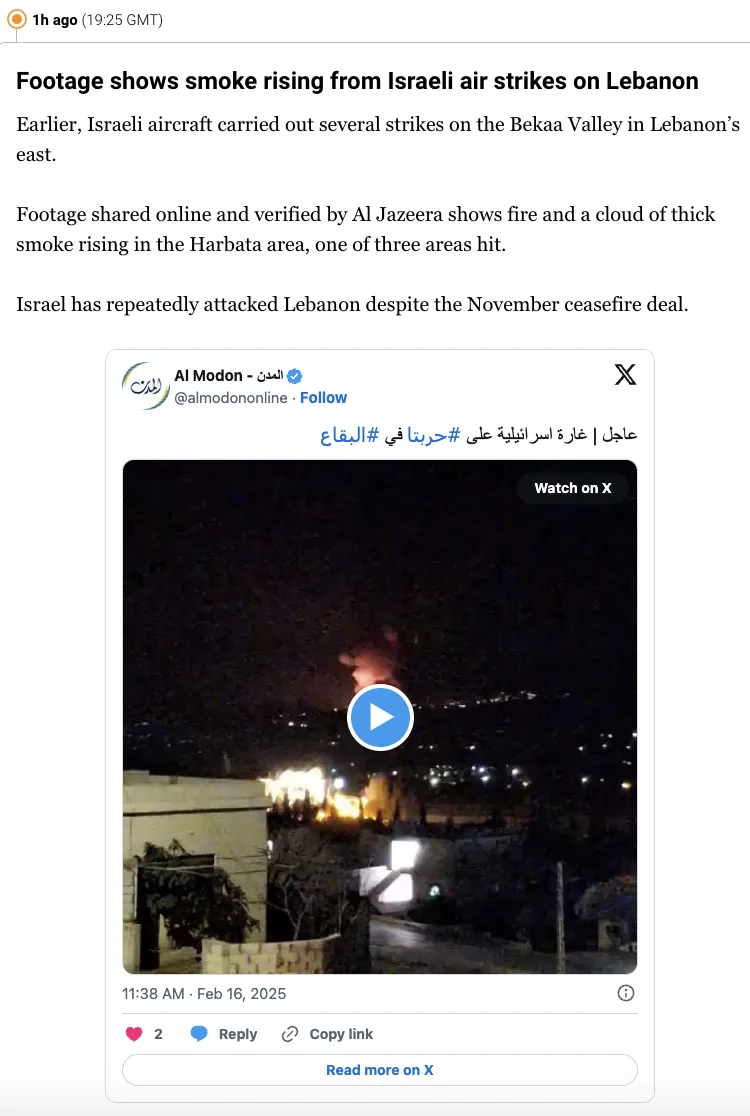 A screenshot of a Twitter post from Al Modon showing a video thumbnail of a nighttime scene with bright orange fire and…