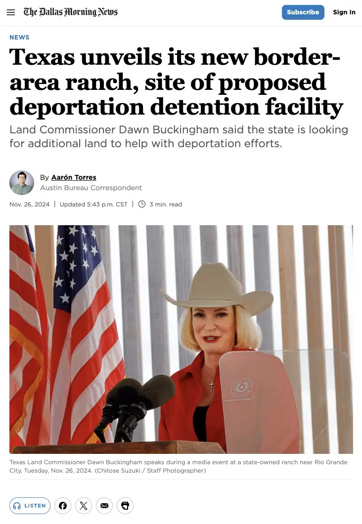 A screenshot of a Dallas Morning News article shows Texas Land Commissioner Dawn Buckingham speaking at a podium with…