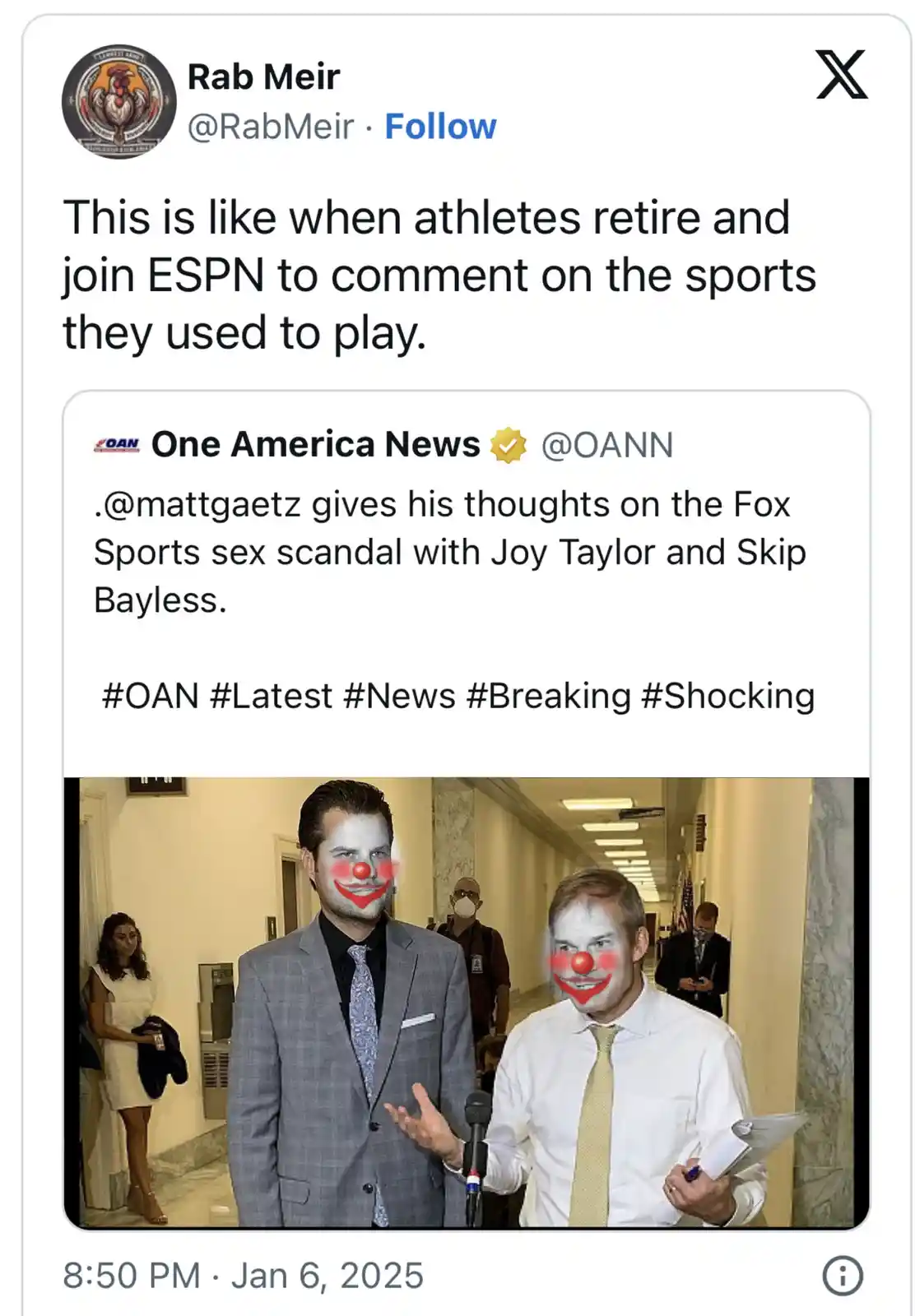 The image shows a screenshot of an X (Twitter) post by Rab Meir, which includes a tweet from One America News about Matt…