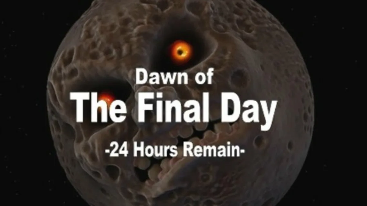 A digitally altered image of a cratered moon or planet with glowing orange eyes and a jagged, toothy mouth, set against a…
