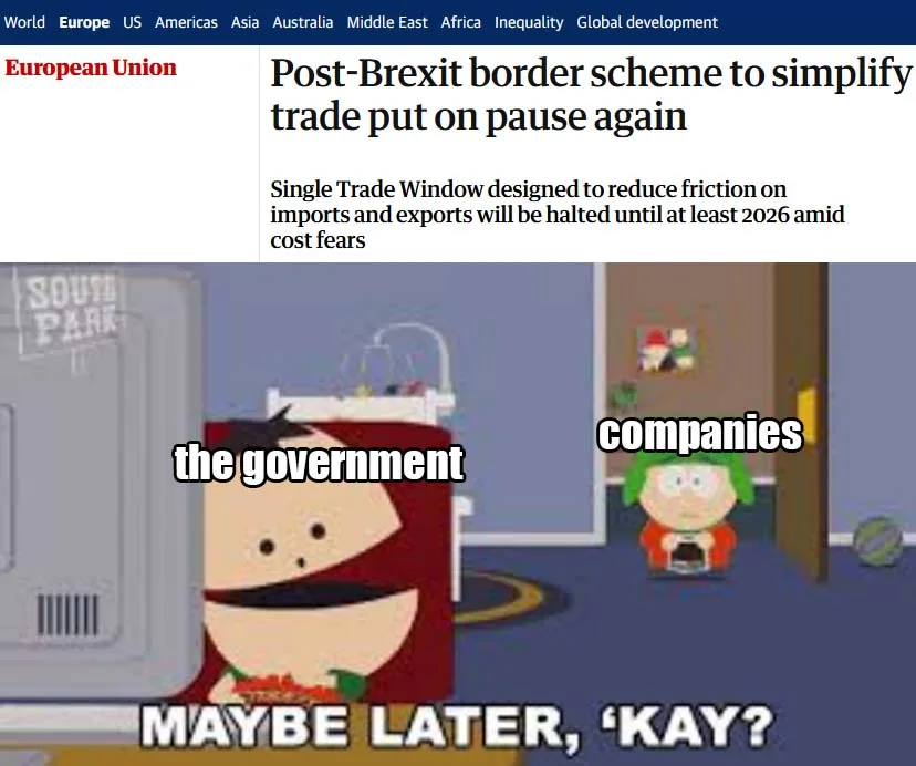 A screenshot of a news article about a paused EU trade scheme is overlaid with a South Park scene. In the scene, a large…