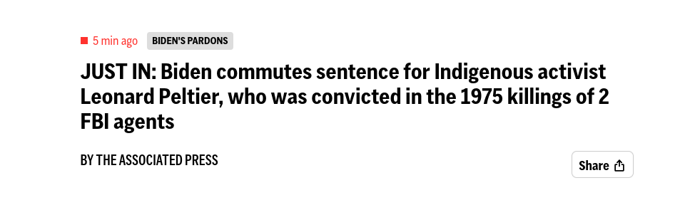 A screenshot of a news article headline from 'Biden's Pardons' section, announcing that President Biden commuted the…