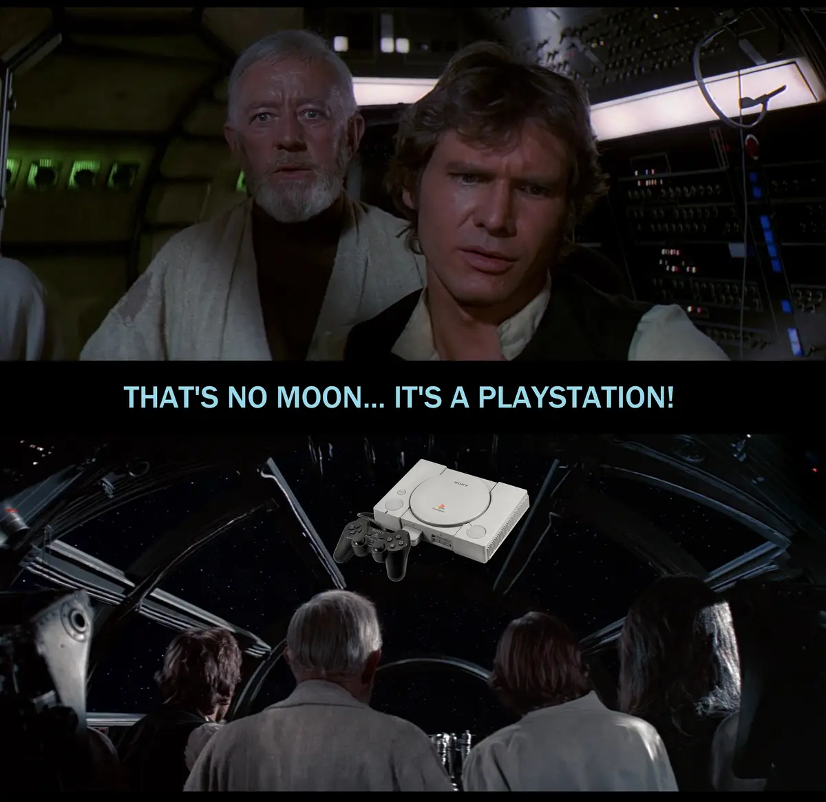 The top panel shows Obi-Wan Kenobi and Han Solo looking forward with serious expressions inside a spaceship cockpit. The…