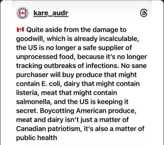 A screenshot of an Instagram post by 'kare_audr' with a Canadian flag emoji, featuring a block of text arguing that the US…