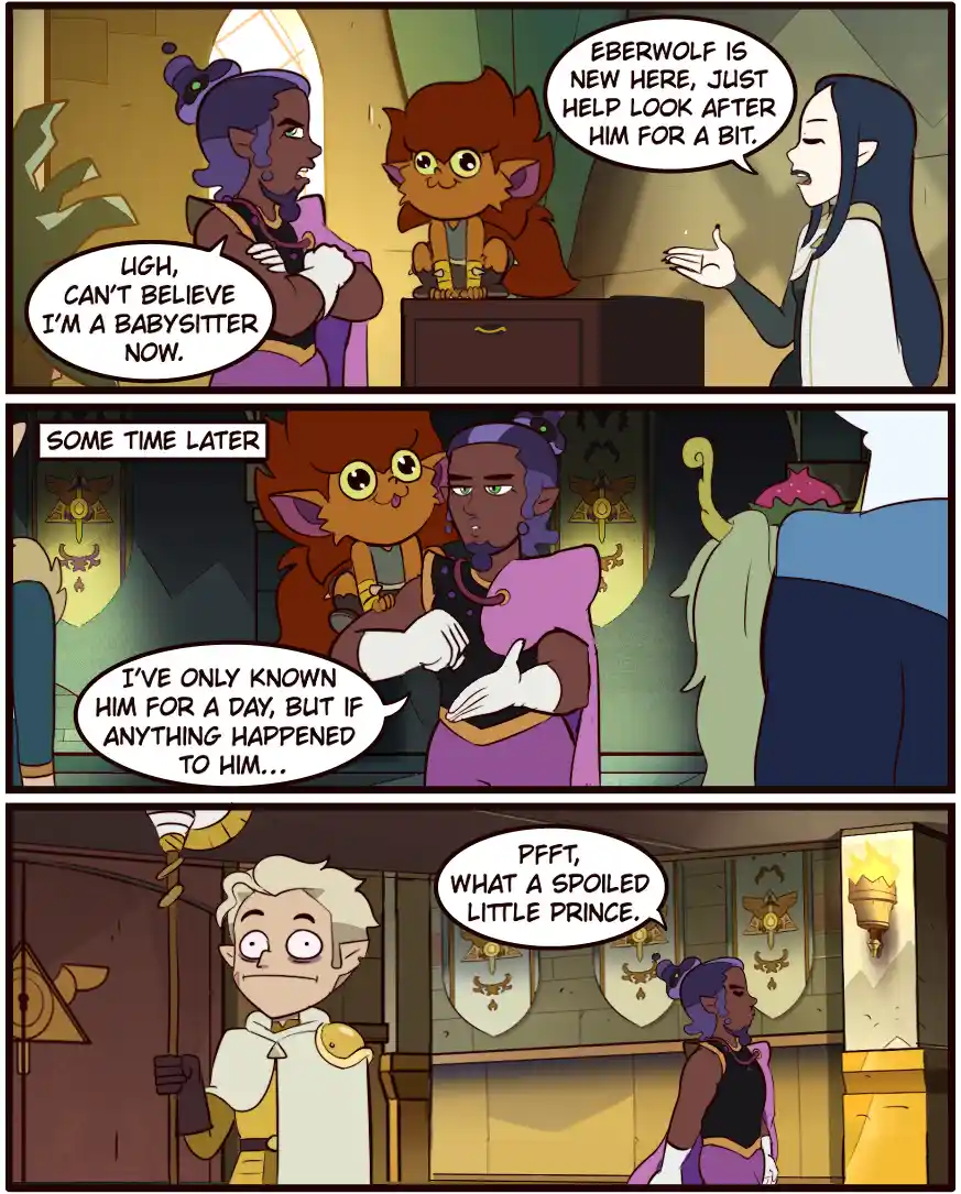 A three-panel comic strip shows a purple-skinned elf reluctantly babysitting a small, orange-furred creature named Eberwolf…