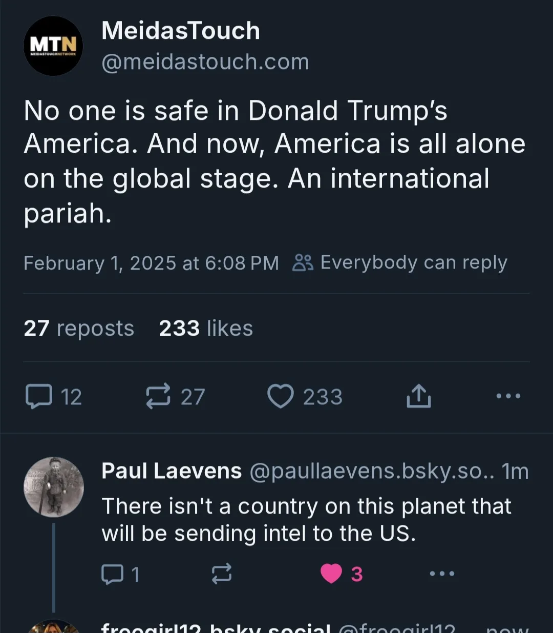 A screenshot of a social media post from 'MeidasTouch' stating 'No one is safe in Donald Trump's America. And now, America…