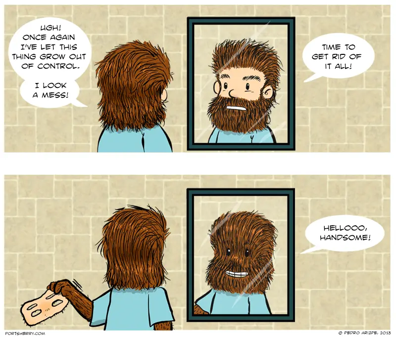 A two-panel comic shows a man with a long, wild beard looking at his reflection in a mirror, lamenting his unkempt…