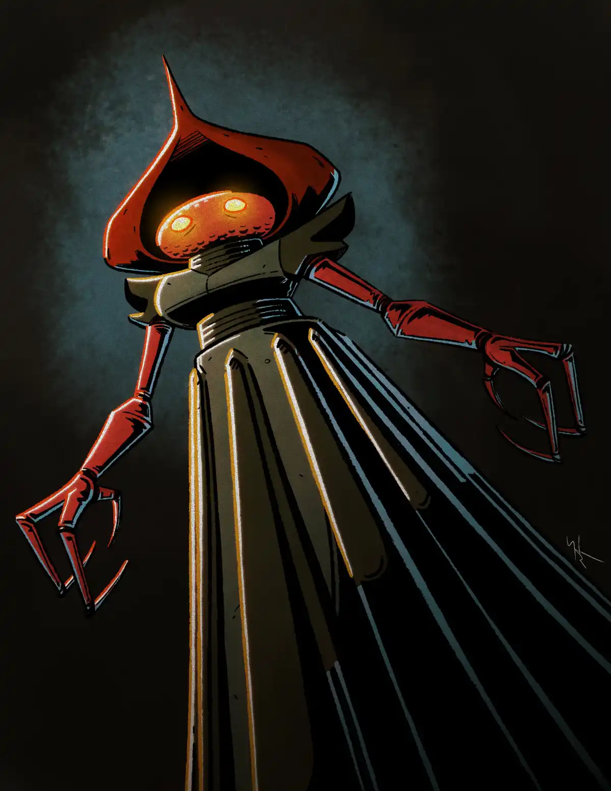 A stylized, menacing robot with glowing orange eyes, a red hooded head, and clawed hands stands against a dark background…