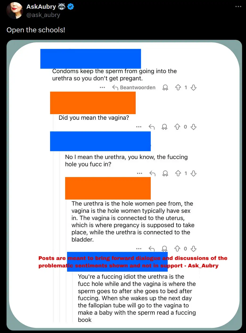 A screenshot of a Twitter thread from 'AskAubry' shows a conversation where a user explains that condoms prevent sperm from…